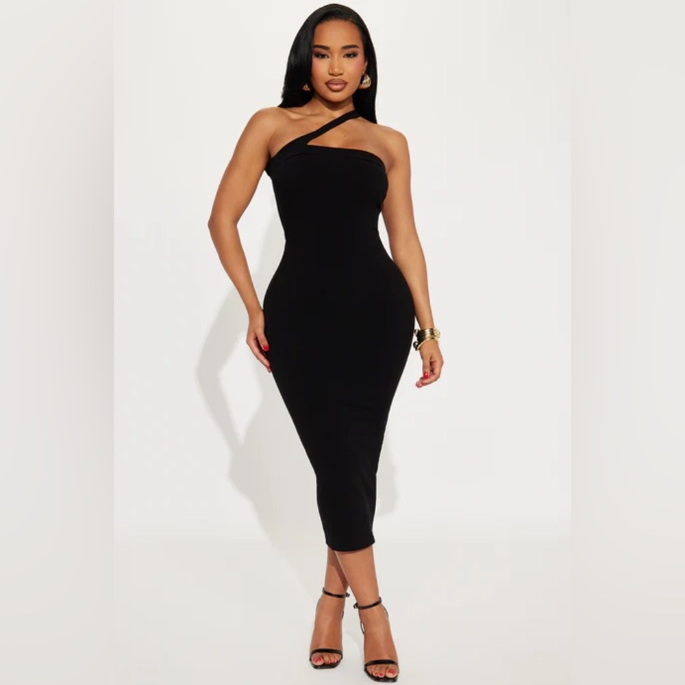 Fashion Nova Black One Shoulder Strap Snatched High Compression Rib Midi Dress